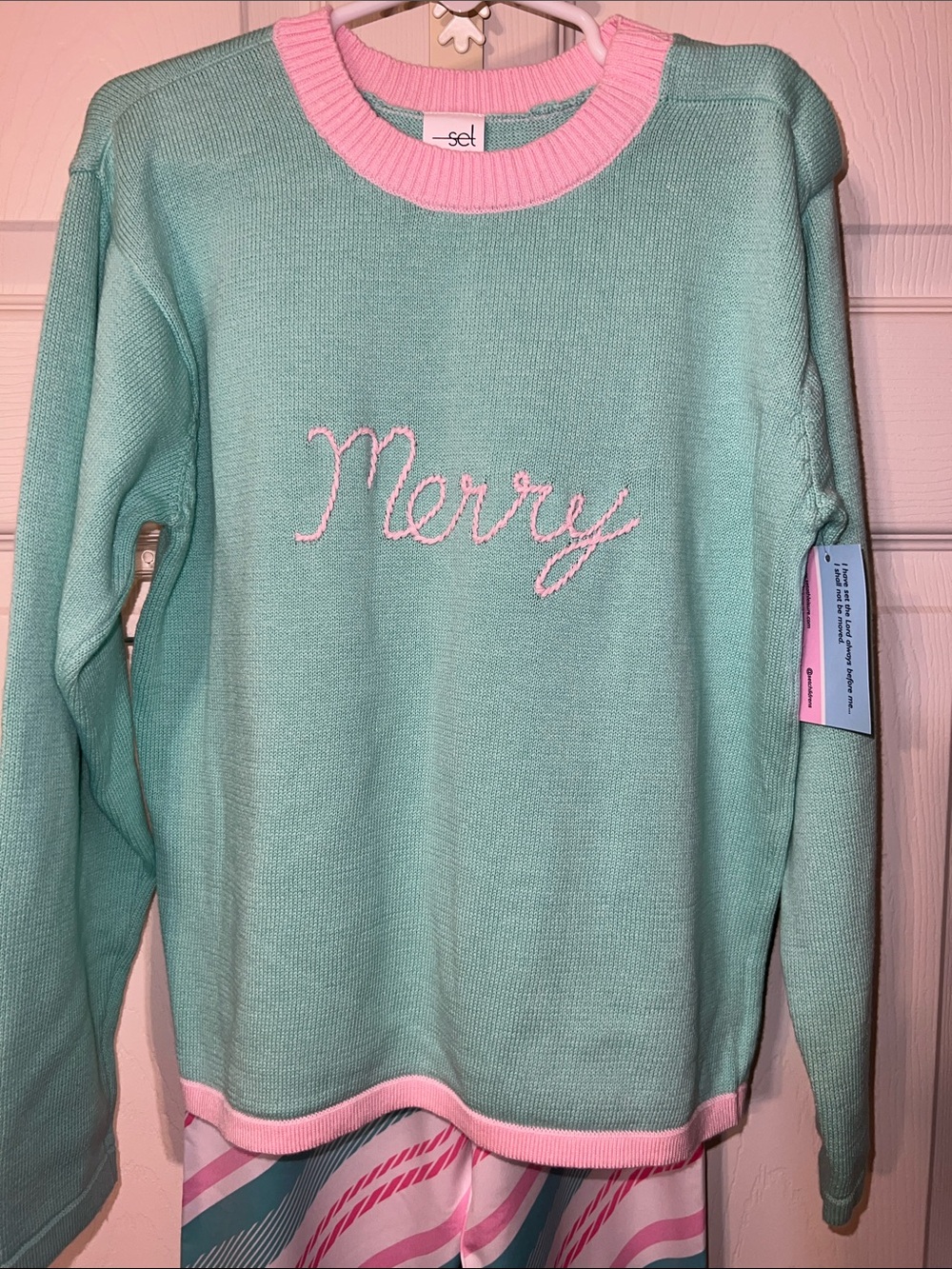 Mint Green Christmas Sweater “Merry” paired either matching pant.